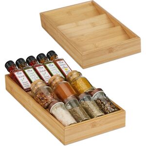 Relaxdays - 2x Spice Racks, 3 Compartments, Slanted Compartments, Horizontal, Bamboo, Drawer Insert, 5x20x38 cm, Natural