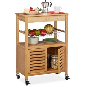Bamboo Kitchen Trolley, Worktop, Cabinet & Basket, Serving Cart on Castors, hwd: 82 x 59.5 x 35 cm, Natural - Relaxdays