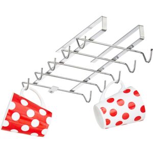 Cup Holder, 10x Racks, Cupboard Tidy each 10 Cups, Metal, Under Shelf Organiser, HxWxD: 6 x 14 x 28 cm, Silver - Relaxdays