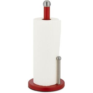 Relaxdays - Kitchen Roll Holder, Bamboo, Stainless Steel, Standing Paper Towel Rack with Stopper, HxØ: 35x15cm, Silver/Red