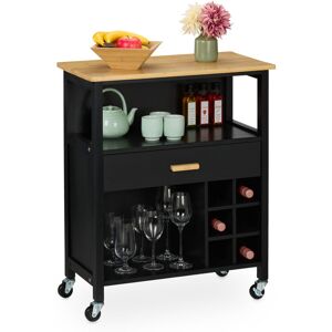 Kitchen Island Cart, Wine Rack for 6 Bottles, 2 Shelves, 80x65x35 cm, Bamboo Top, mdf, Rolling Trolley, Black - Relaxdays