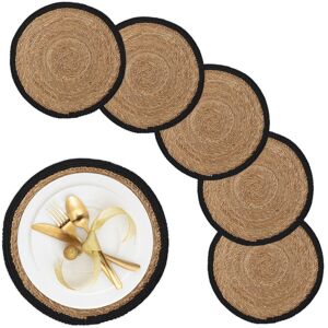Relaxdays - Place Mat Set, 6x Coaster, Tableware, Table Protector, Round, ø 37 cm, Water Hyacinth Material, Natural/Black