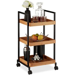 Serving Trolley, Modern Kitchen Cart, Bamboo & Iron, 3 Tiers, Square, 4 Castors, 69.5 x 37 x 34 cm, Natural - Relaxdays