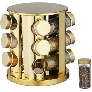 Relaxdays - Spice Carousel, 12 Herb Jars, 360° Rotatable, Stainless Steel, Glass, HxØ: 22 x 20cm, Round Counter Rack, Gold