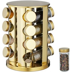 Relaxdays - Spice Carousel, 16 Herb Jars, 360° Rotatable, Stainless Steel, Glass, HxØ: 27.5 x 20 cm, Round Rack, Matt Gold