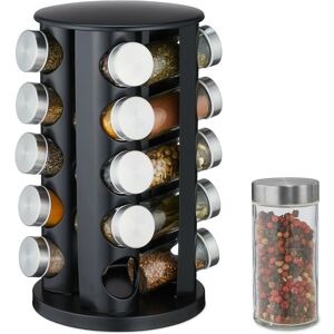 Relaxdays Spice Carousel, 20 Jars, 80ml each, 360° Rotating, Stainless Steel, Glass, HxØ: 34.5x22cm, Counter Rack, Black