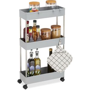 Trolley on Wheels, Plastic, 70 x 15.5 x 40.5 cm, Narrow Storage Shelf, 4 Hooks, 3 Levels, Multipurpose, Grey - Relaxdays