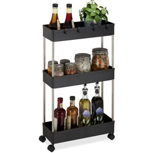 Trolley on Wheels, Plastic, 70 x 15.5 x 40.5 cm, Narrow Storage Shelf, 4 Hooks, 3 Levels, Multipurpose, Black - Relaxdays
