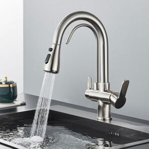 SUGUWORD 360 ° rotating kitchen faucet, 3-way kitchen mixer with 2 handles, withdrawable kitchen shower, hot and cold water sink, water filter, mixer faucet