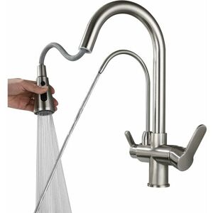 DEWDAT Single Handle Kitchen Faucet Kitchen Sprayer Brass 3 Way Kitchen Faucets Potable Hot and Cold Water 2 Handle Swivel Spout Water Filter Brushed Nickel