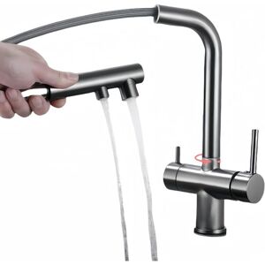 CYSLMUK Three-way kitchen faucet with pull-out spray, 360° swivel kitchen faucet, faucet with filtered water outlet (gray)