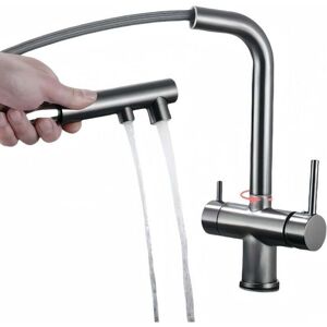 YMYNY Three-Way Kitchen Faucet with Pull Out Spray, 360° Swivel Kitchen Tap, Filtered Water Outlet Tap (Grey) mumu