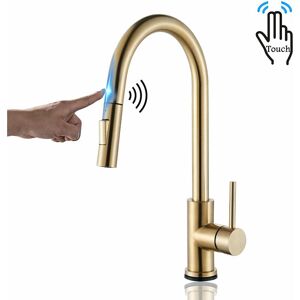 Zamery - Touch Sensor Kitchen Tap Brushed Gold, Touch On Kitchen Mixer Tap with Pull Out Sprayer, 360° Swivel Tap for Kitchen Sink, Kitchen Sink Tap