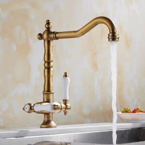 TONCHEAN Traditional Double Lever Kitchen Sink Faucets, Deck Mounted Cold and Hot Water Tap, 360° Swivel Spout Sink Faucet with 2 Ceramic Handles