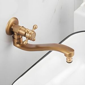 SHUNLI Wall Mounted Basin Faucet Garden, Retro Cold Water Sink Faucet, 360° Rotation Sink Mixer Antique Brass