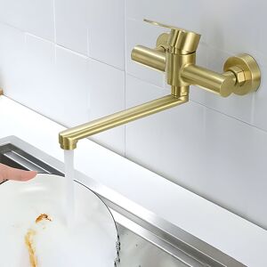 SJQKA Wall Mounted Kitchen Faucet 360° Rotatable Kitchen Faucets 304 Stainless Steel Single Lever Sink Mixer for Kitchen Sink Brushed Gold