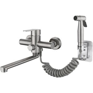 Wall-Mounted Kitchen Faucet Mixer for Sink Kitchen Taps with Spray Gun and 2 Types of Water Jets 360° Rotating in Brushed Stainless Steel - Alwaysh