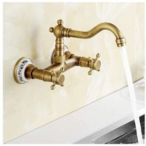 Ymyny - Wall-mounted kitchen faucet, vintage ceramic basin faucet with hot and cold water, antique brass basin faucet