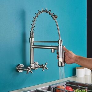 Ymyny - Wall-mounted kitchen faucet with pull-out spout, 360° swivel sink faucet with 3 spray modes, brushed