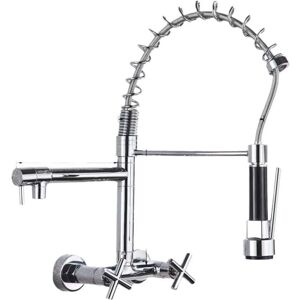 Ymyny - Wall-Mounted Kitchen Faucet, Pull-Out Spout, 360° Swivel Sink Faucet with 3 Spray Modes, Silver Plated