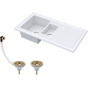 Balterley Traditional 101cm 1.5 Bowl Fireclay Inset Kitchen Sink & Drainer & Brushed Brass Wastes - White Balterley Traditional 101cm 1.5 Bowl Fireclay Inset Kitchen Sink & Drainer & Brushed Brass Wastes - White