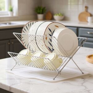 LIVINGANDHOME 2 Tier Foldable Countertop Dish Drying Rack with Drip Tray LIVINGANDHOME 2 Tier Foldable Countertop Dish Drying Rack with Drip Tray