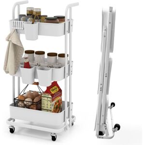 Costway - 3-Tier Rolling Cart Folding Storage Cart w/3 Hanging Cups&6 Hooks-White Costway - 3-Tier Rolling Cart Folding Storage Cart w/3 Hanging Cups&6 Hooks-White