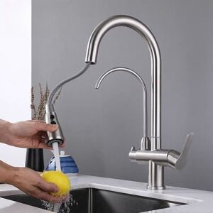 3-Way Kitchen Faucet, Pull Out, Double Handle, 360° Swivel Kitchen Mixer Tap, Available with Hot and Cold Water, Silver Ymyny 3-Way Kitchen Faucet, Pull Out, Double Handle, 360° Swivel Kitchen Mixer Tap, Available with Hot and Cold Water, Silver Ymyny