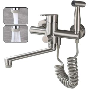 Kitchen Faucet Wall Mounted 304 Stainless Steel Wire Drawing Food Grade With Spray Gun And 2 Types Of Water Spray (Brushed Nickel) - Alwaysh Kitchen Faucet Wall Mounted 304 Stainless Steel Wire Drawing Food Grade With Spray Gun And 2 Types Of Water Spray (Brushed Nickel) - Alwaysh