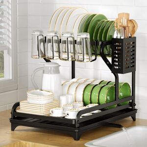 GOTRAYS Black Kitchen Dish Drainer 2 Tier, Stainless Steel Dish Drainer with Utensil Holder and Swivel Draining Spout, Kitchen Storage and Organization GOTRAYS Black Kitchen Dish Drainer 2 Tier, Stainless Steel Dish Drainer with Utensil Holder and Swivel Draining Spout, Kitchen Storage and Organization