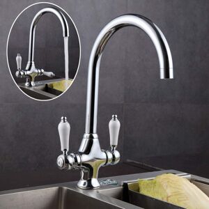 Briefness - Chrome Kitchen Mixer Taps Double White Ceramic Handles and 360 Degree Swivel Spout Easy to Operate Solid Brass Monobloc Kitchen Sink Tap, Briefness - Chrome Kitchen Mixer Taps Double White Ceramic Handles and 360 Degree Swivel Spout Easy to Operate Solid Brass Monobloc Kitchen Sink Tap,