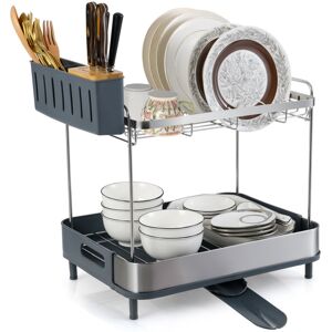 COSTWAY 2-Tier Dish Drying Rack Stainless Steel Dish Drainer with Cutlery Holder COSTWAY 2-Tier Dish Drying Rack Stainless Steel Dish Drainer with Cutlery Holder