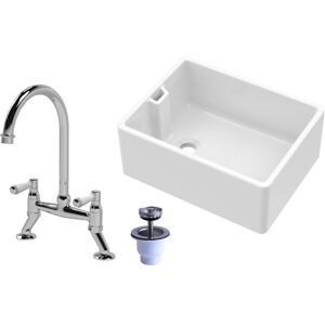 BALTERLEY Fireclay Kitchen Bundle - 595mm 1 Bowl Belfast Sink with Strainer Waste & Bridge Mixer Tap, Chrome BALTERLEY Fireclay Kitchen Bundle - 595mm 1 Bowl Belfast Sink with Strainer Waste & Bridge Mixer Tap, Chrome
