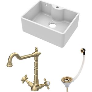 Fireclay Kitchen Bundle - Single Bowl Butler Sink with Overflow, Tap Hole, Waste & Classic Tap, 595mm - Brushed Brass - Balterley Fireclay Kitchen Bundle - Single Bowl Butler Sink with Overflow, Tap Hole, Waste & Classic Tap, 595mm - Brushed Brass - Balterley