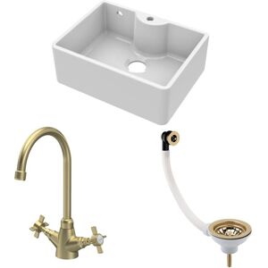 Fireclay Kitchen Bundle - 595mm Single Bowl Butler Sink + Overflow & Tap Hole, Waste & Mono Mixer Tap, Brushed Brass by Balterley Fireclay Kitchen Bundle - 595mm Single Bowl Butler Sink + Overflow & Tap Hole, Waste & Mono Mixer Tap, Brushed Brass by Balterley