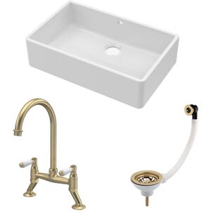 Balterley - Fireclay Kitchen Bundle - Single Bowl Butler Sink with Overflow, Waste & Bridge Lever Mixer Tap, 595mm - Brushed Brass Balterley - Fireclay Kitchen Bundle - Single Bowl Butler Sink with Overflow, Waste & Bridge Lever Mixer Tap, 595mm - Brushed Brass