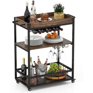 Costway - Home Bar Cart on Wheels Kitchen Serving Cart w/Removable Tray-Brown Costway - Home Bar Cart on Wheels Kitchen Serving Cart w/Removable Tray-Brown