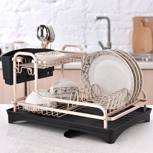 Livingandhome - 2 Tier Aluminum Dish Storage Rack with Cutlery Holder Drain Hole Livingandhome - 2 Tier Aluminum Dish Storage Rack with Cutlery Holder Drain Hole