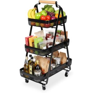 Relaxdays utility cart, 3 tiers, metal, wooden handle, HxWxD: 84.5 x 57 x 31 cm, 4 wheels, kitchen, bathroom, black Relaxdays utility cart, 3 tiers, metal, wooden handle, HxWxD: 84.5 x 57 x 31 cm, 4 wheels, kitchen, bathroom, black