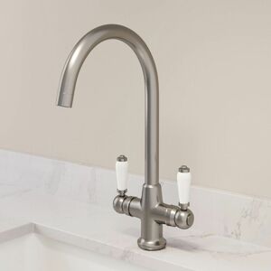 SAUBER Kitchen Tap Dual Twin Lever Modern Mono Sink Mixer Hot Cold Faucet - Burford Brushed Nickel Finish SAUBER Kitchen Tap Dual Twin Lever Modern Mono Sink Mixer Hot Cold Faucet - Burford Brushed Nickel Finish