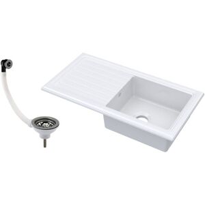 Balterley 1 Bowl Fireclay Ceramic Inset Kitchen Sink with Drainer & Brushed Pewter Waste, 1010mm - White Balterley 1 Bowl Fireclay Ceramic Inset Kitchen Sink with Drainer & Brushed Pewter Waste, 1010mm - White