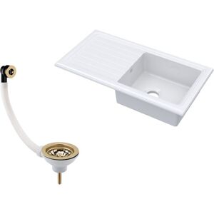 Balterley 1 Bowl Fireclay Ceramic Inset Kitchen Sink with Drainer & Brushed Brass Waste, 1010mm - White Balterley 1 Bowl Fireclay Ceramic Inset Kitchen Sink with Drainer & Brushed Brass Waste, 1010mm - White