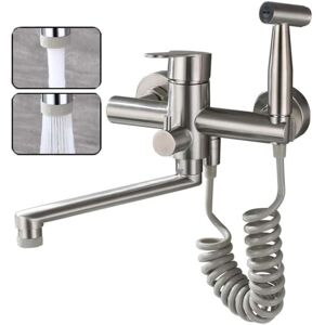 SJQKA Wall Mount Kitchen Sink Faucet Food Grade 304 Stainless Steel Wire Drawing , with Spray Gun and 2 Water Jet, Swivel 360° spout Wall Faucet, Nickel SJQKA Wall Mount Kitchen Sink Faucet Food Grade 304 Stainless Steel Wire Drawing , with Spray Gun and 2 Water Jet, Swivel 360° spout Wall Faucet, Nickel