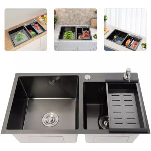 CNCEST Stainless Steel Kitchen Sink Double Bowl Inset Basket w/Drainer + Soap Dispenser, Black, 78 x 43 x 22 cm CNCEST Stainless Steel Kitchen Sink Double Bowl Inset Basket w/Drainer + Soap Dispenser, Black, 78 x 43 x 22 cm