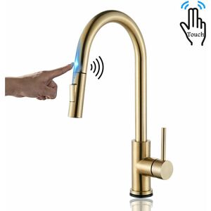 DEWDAT Touch Sensor Kitchen Tap Brushed Gold, Touch On Kitchen Mixer Tap with Pull Out Sprayer, 360° Swivel Tap for Kitchen Sink, Kitchen Sink Tap Pull Out DEWDAT Touch Sensor Kitchen Tap Brushed Gold, Touch On Kitchen Mixer Tap with Pull Out Sprayer, 360° Swivel Tap for Kitchen Sink, Kitchen Sink Tap Pull Out