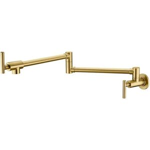 SHUNLI Wall mounted faucet in heavy duty stainless steel with double telescopic joint, folding rocker arm and 2 handles, brushed gold SHUNLI Wall mounted faucet in heavy duty stainless steel with double telescopic joint, folding rocker arm and 2 handles, brushed gold