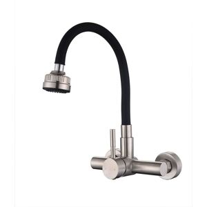 360° Wall-Mounted Kitchen Faucet, Four-Function Sprayer with Black Silicone Hose, Brushed Stainless Steel - Ymyny 360° Wall-Mounted Kitchen Faucet, Four-Function Sprayer with Black Silicone Hose, Brushed Stainless Steel - Ymyny