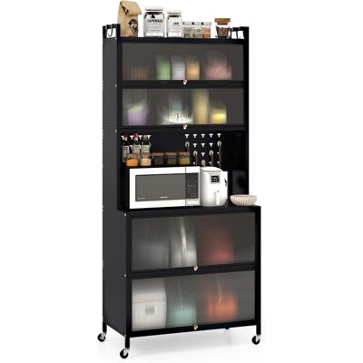 Costway - 6-Tier Kitchen Pantry Cabinet Buffet Cabinet with Hutch & Hooks-Black Costway - 6-Tier Kitchen Pantry Cabinet Buffet Cabinet with Hutch & Hooks-Black