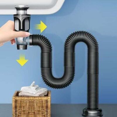 Flexible and extendable bathroom sink drain assembly for 3-3.2cm drain holes with integrated anti-clogging. Flexible and extendable bathroom sink drain assembly for 3-3.2cm drain holes with integrated anti-clogging.