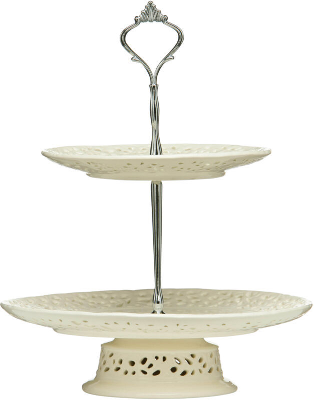 Premier Housewares - Interiors By Premier Elegant 2 Tier Ceramic Lace Cake Plate, Two Tier Design Cake Stand For Dinner, Versatile Cupcake Plate